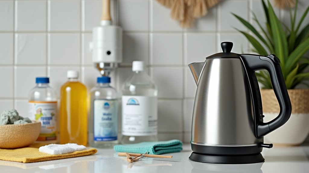 Clean kettle with descaling products like vinegar and baking soda on a bright, modern countertop