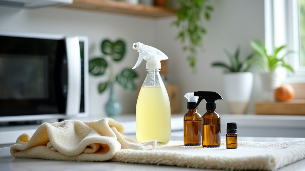 Illustrate vinegar's cleaning power: a spotless microwave, fresh laundry, and a homemade cleaner with essential oils. Emphasize vinegar's eco-friendly and cost-effective benefits.