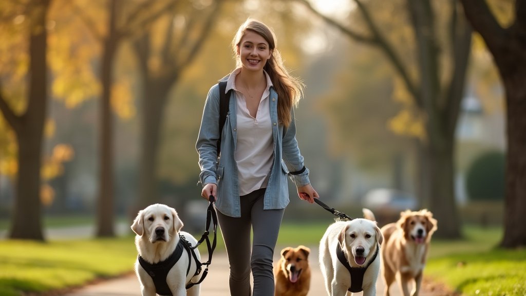 Realistic portrait of a smiling woman in her late 20s walking dogs in a suburban park