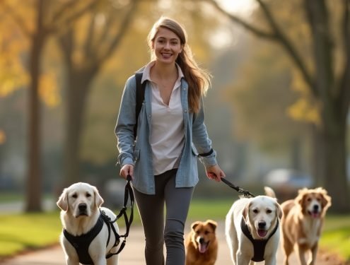 Realistic portrait of a smiling woman in her late 20s walking dogs in a suburban park